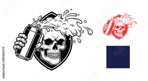 Skull holding overflowing beer can, splashing liquid, emblem design