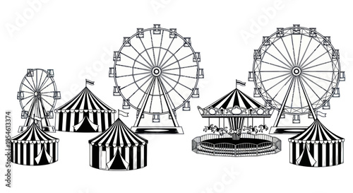 Vintage Carnival Fairground Scene with Ferris Wheels, Carousel, and Striped Tents