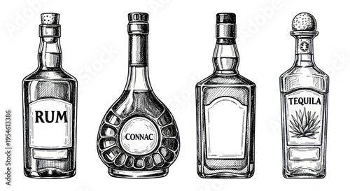 Assorted Alcohol Bottles Sketch: Rum, Cognac, Tequila, and Clear Spirit
