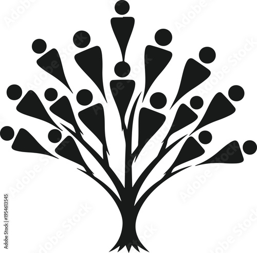 Stylized black tree with abstract human figures as leaves symbolizing family growth community and connection over a transparent checkered background