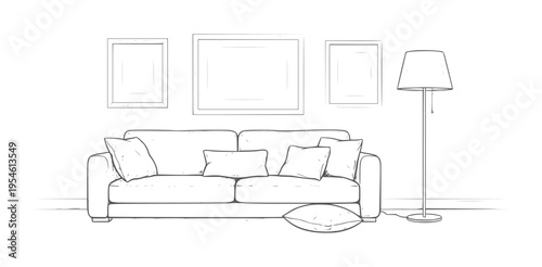Line of a sofa with pillows and framed wall couch cushion