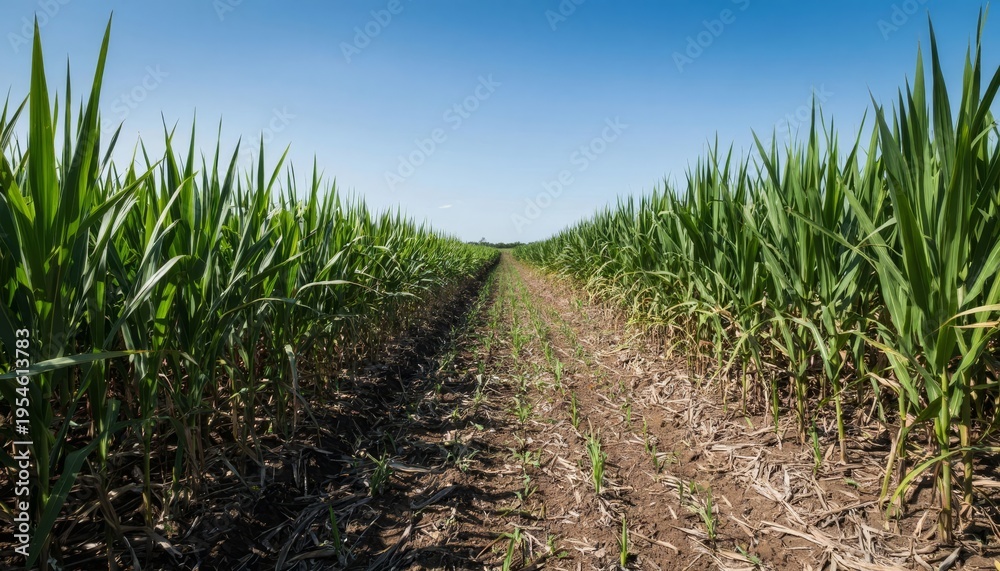 Fototapeta premium a field of tall green crops with a clear blue sky in the background. The crop rows create a path through the vibrant green plants.