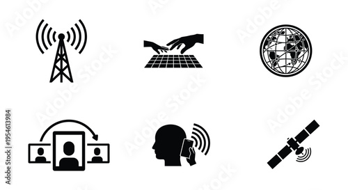 This vector illustration set celebrates World Telecommunication Day, featuring various flat design elements such as a communication tower, satellite, globe, and people connecting, representing modern 