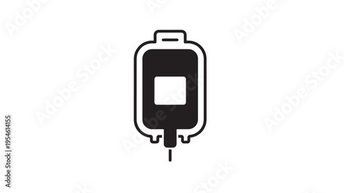 IV bag medical icon with simple lines representing fluid dispensing and a clear area for labeling, on a white background