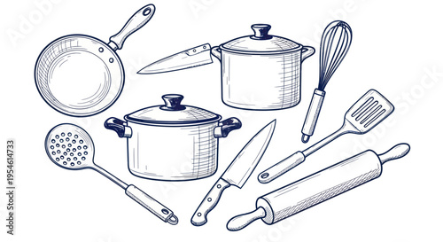 Hand-drawn kitchenware collection: pots, pans, knives, whisk, spatula, rolling pin, skimmer