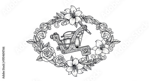 Tattoo Machine with Floral Frame - Engraving Style
