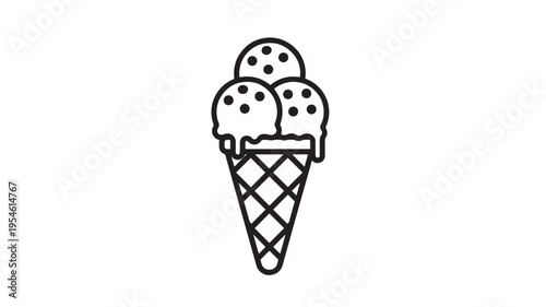 Ice cream cone with three scoops and dark dots, representing a simple and stylized dessert. featuring scoop, sweet, frozen with treat and summer