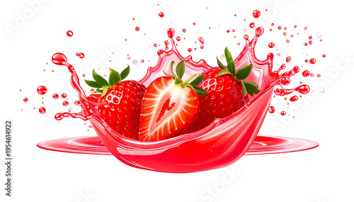 Three red strawberries, one sliced, in a vibrant splash of juice against black