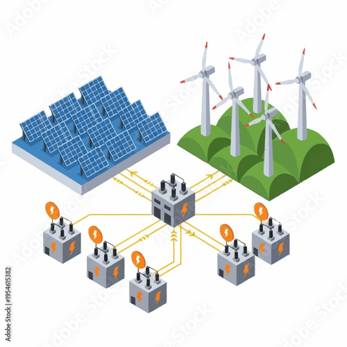 Illustration of a decentralized energy grid powered by solar panels and wind turbines, distributing energy to multiple microgrids.