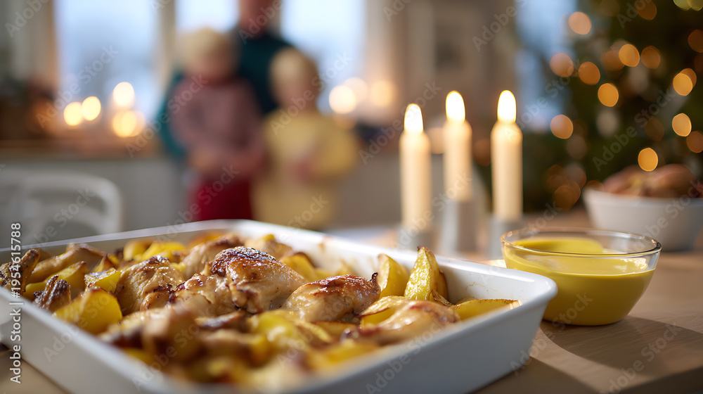 Naklejka premium Delicious Home-Cooked Holiday Meal, Golden Roast Chicken and Potatoes, Warm Glow of Candles and Festive Lights in a Cozy Home Scene