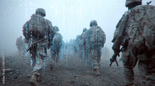 advanced warfare concept showing soldiers marching into battle with holographic binary code digital connections and realtime communication symbolizing the future of military technology