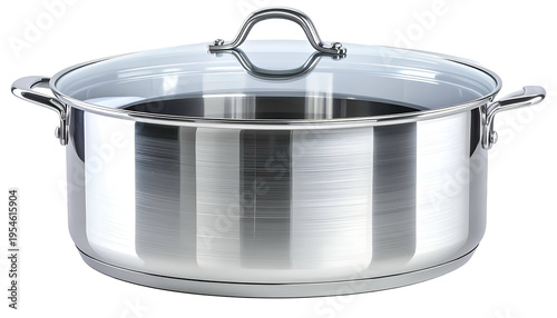 Shiny stainless steel stockpot with a glass lid and handle, isolated on a transparent background