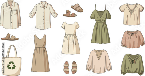 Minimalist women clothing vector set with dresses shirts sandals eco bag neutral fashion collection flat illustration elements