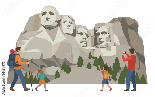 Colorful flat vector illustration of a family hiking and photographing the famous Mount Rushmore national memorial. Tourism, vacation and outdoor adventure graphic design element.