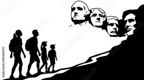 Family of four hiking up a trail toward Mount Rushmore national memorial. Black and white silhouette vector illustration for summer travel, outdoor adventure and vacation design.