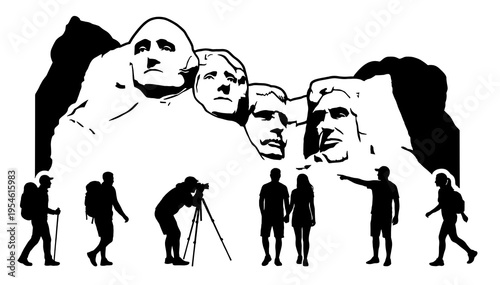 Silhouette of tourists and photographers visiting Mount Rushmore national memorial park. Black and white vector art illustration for travel and tourism vacation design backgrounds.