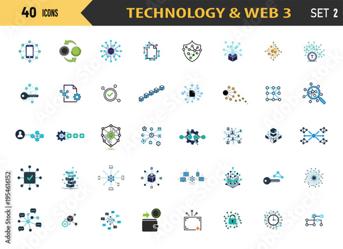 Minimalist Technology and web 3 Vector bundle isolated on white background, for UI Design and for Digital Innovation, Blockchain, Network, and Data Security Concepts.