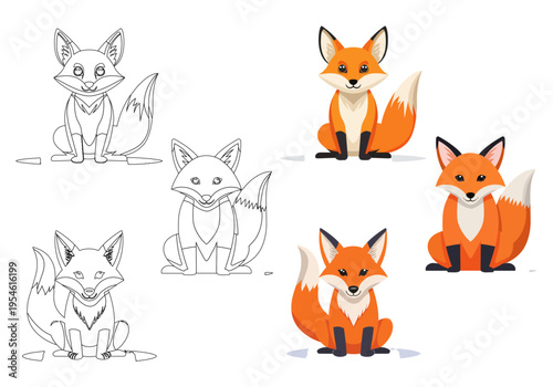 キリンのイラストセット　3種類のカラー版とぬりえ用線画、子供向けベクター素材