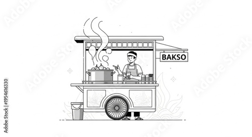 A detailed illustration of a street food vendor preparing bakso noodles in a cart.