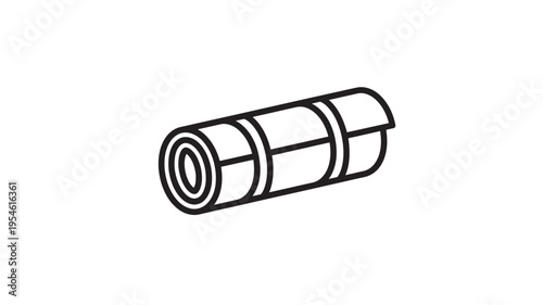 Rolled up sleeping bag icon with bold black outline, representing camping and outdoor activities. featuring roll, equipment, adventure with travel