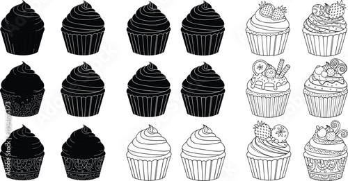 Cupcake vector set with black silhouettes and detailed line art desserts sweet bakery collection isolated on white background