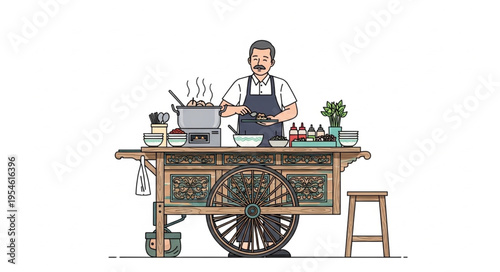 Man cooking on food cart in outdoor setting for 4k video ultra hd original content for commercial use