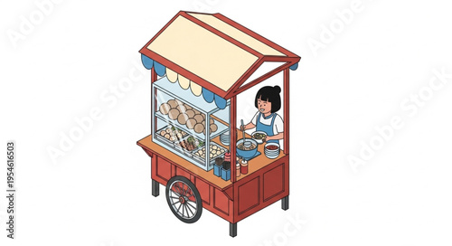 A vendor prepares food on a colorful street cart for 4k video commercial use with ultra hd original content