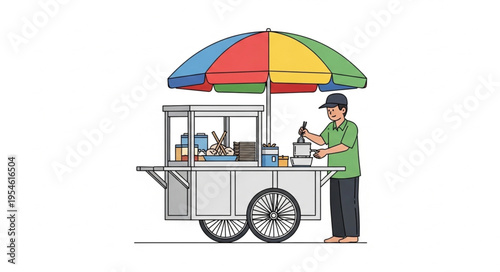 Man sells food from colorful cart with umbrella in 4k ultra hd for commercial use