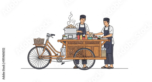 Two men operate a steaming food cart on a bicycle in 4k video, ultra hd, for commercial use with original content