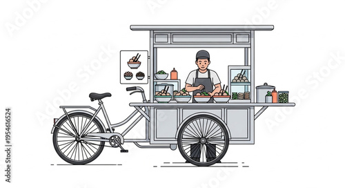 A vendor sells food from a bicycle cart in 4k ultra hd, offering original content for commercial use.
