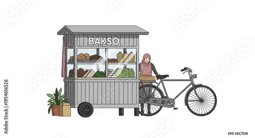 Woman selling food from a colorful bakso cart in 4k ultra hd for commercial use with original content.