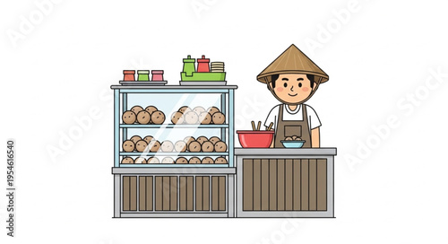Man in traditional hat sells food at outdoor 4k video ultra hd market stall with original content for commercial use