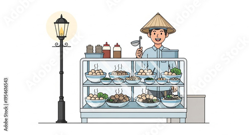 Asian food vendor smiling behind a glass display case with various dishes.