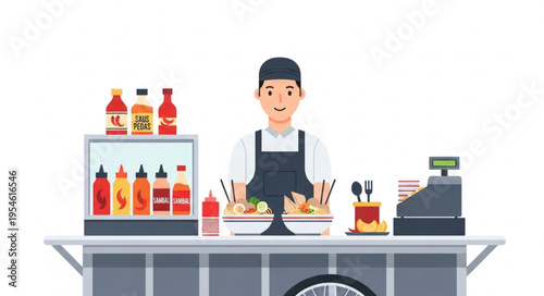 Man in apron prepares food at 4k video ultra hd original content fast food counter for commercial use