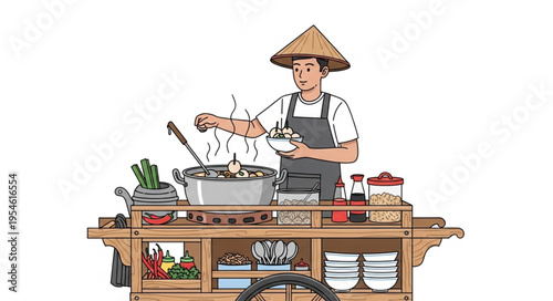Asian street food vendor cooking delicious meals with traditional tools.