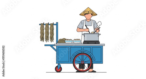 Asian street food vendor preparing and selling delicious meals from a cart.