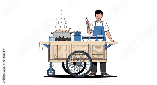 Asian street food vendor preparing and serving delicious meals from a cart.