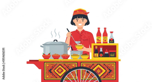 Asian street food vendor preparing and serving delicious meals from a cart.