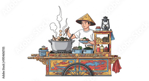 Asian street food vendor preparing meals on a colorful cart, cooking outdoors.