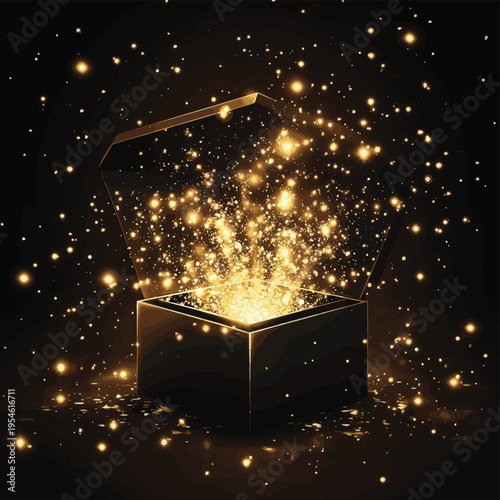 An open black box emitting a burst of glowing golden sparks and light