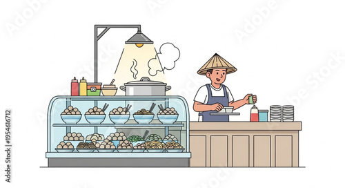 Asian street food vendor preparing meals with fresh ingredients and cooking.