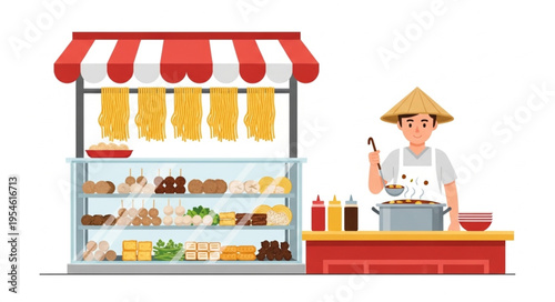 Asian street food vendor preparing noodles at a traditional stall.