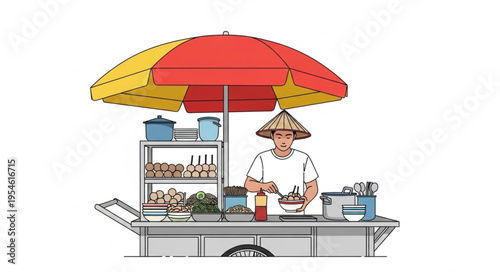 Asian street food vendor preparing meals under a colorful umbrella.