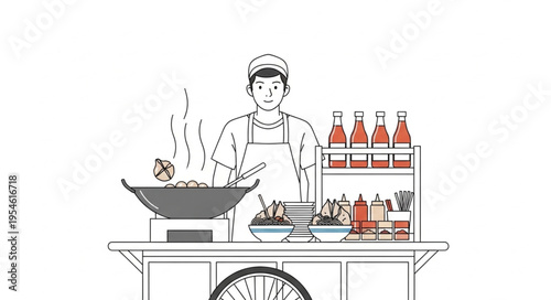 Asian street food vendor preparing delicious meals with various sauces and ingredients.