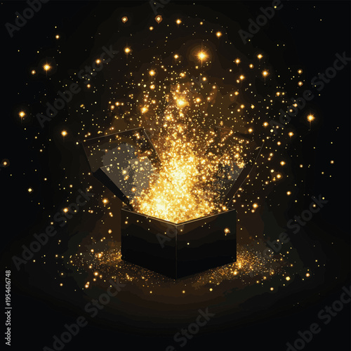 An open black box emitting a burst of glowing golden sparks and light