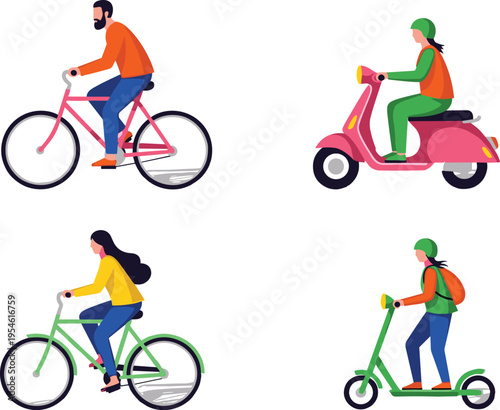 Flat vector urban eco transport set with cyclist, scooter rider, bicycle commuters and electric kick scooter isolated on gray background