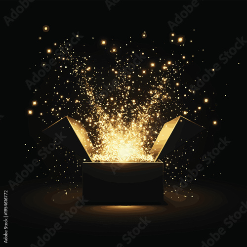 An open black box emitting a burst of glowing golden sparks and light