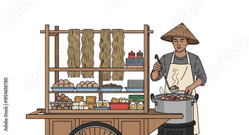 Asian street food vendor preparing noodles with traditional hat and apron.