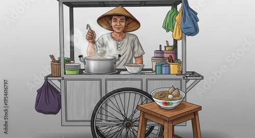 Asian street food vendor selling delicious meals from a mobile cart.