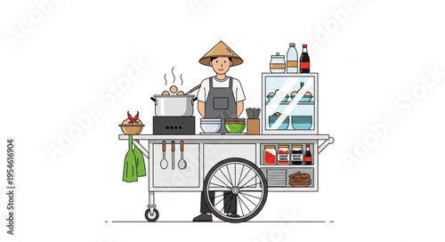 Asian street food vendor with a traditional hat and cart preparing meals.